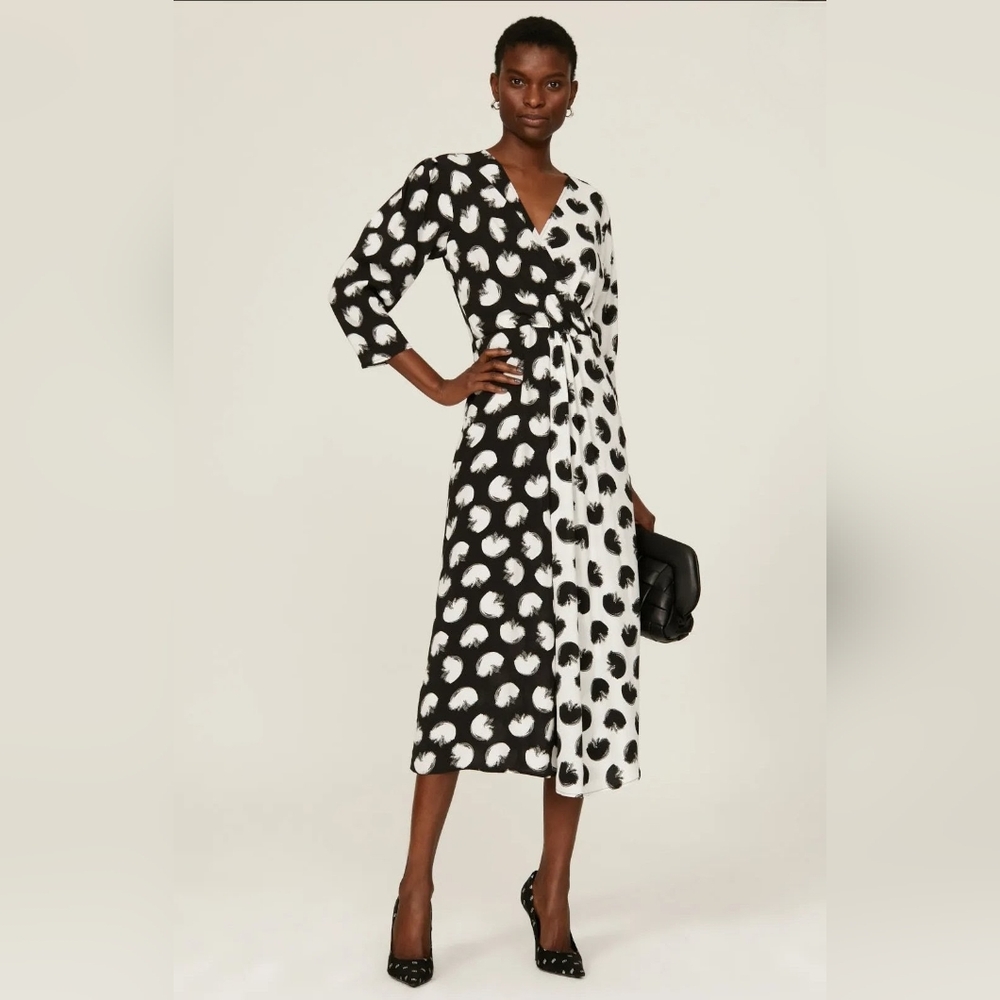 BOSS Women's Black and White Polka Dot Print Midi Dress - Size 8